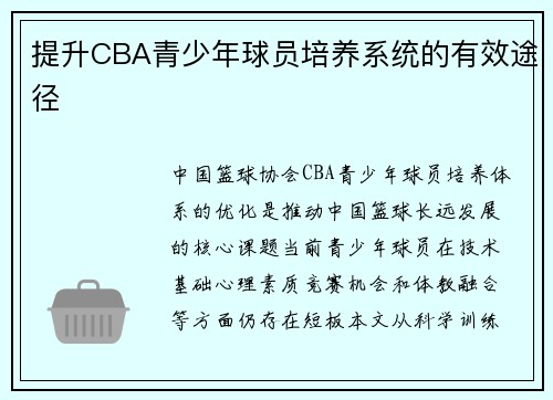 提升CBA青少年球员培养系统的有效途径