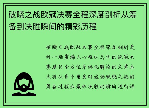 破晓之战欧冠决赛全程深度剖析从筹备到决胜瞬间的精彩历程