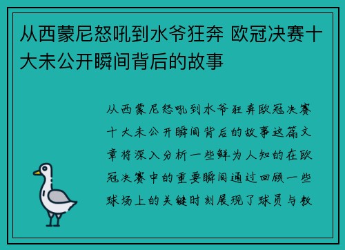 从西蒙尼怒吼到水爷狂奔 欧冠决赛十大未公开瞬间背后的故事