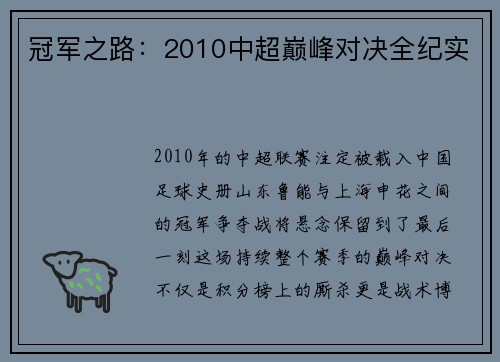 冠军之路：2010中超巅峰对决全纪实