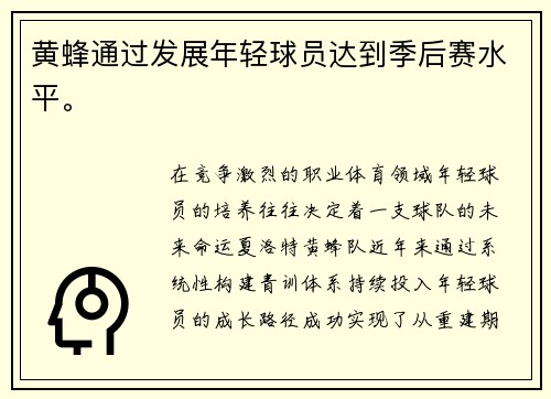 黄蜂通过发展年轻球员达到季后赛水平。