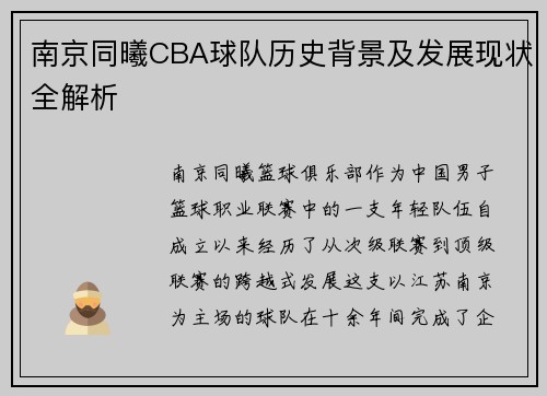 南京同曦CBA球队历史背景及发展现状全解析